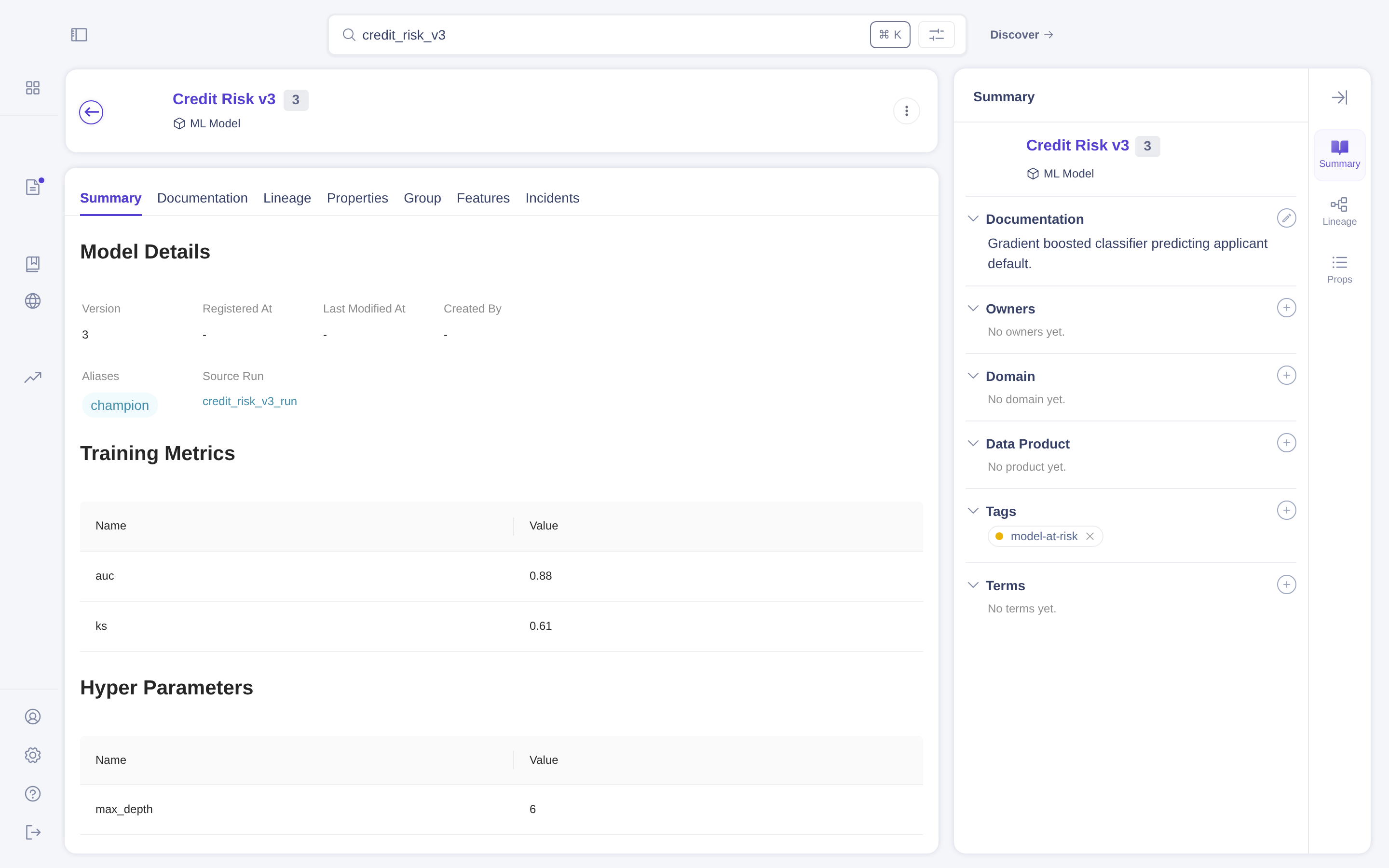 credit_risk_v3 in the live demo DataHub instance, tagged model-at-risk and scored by Janus.